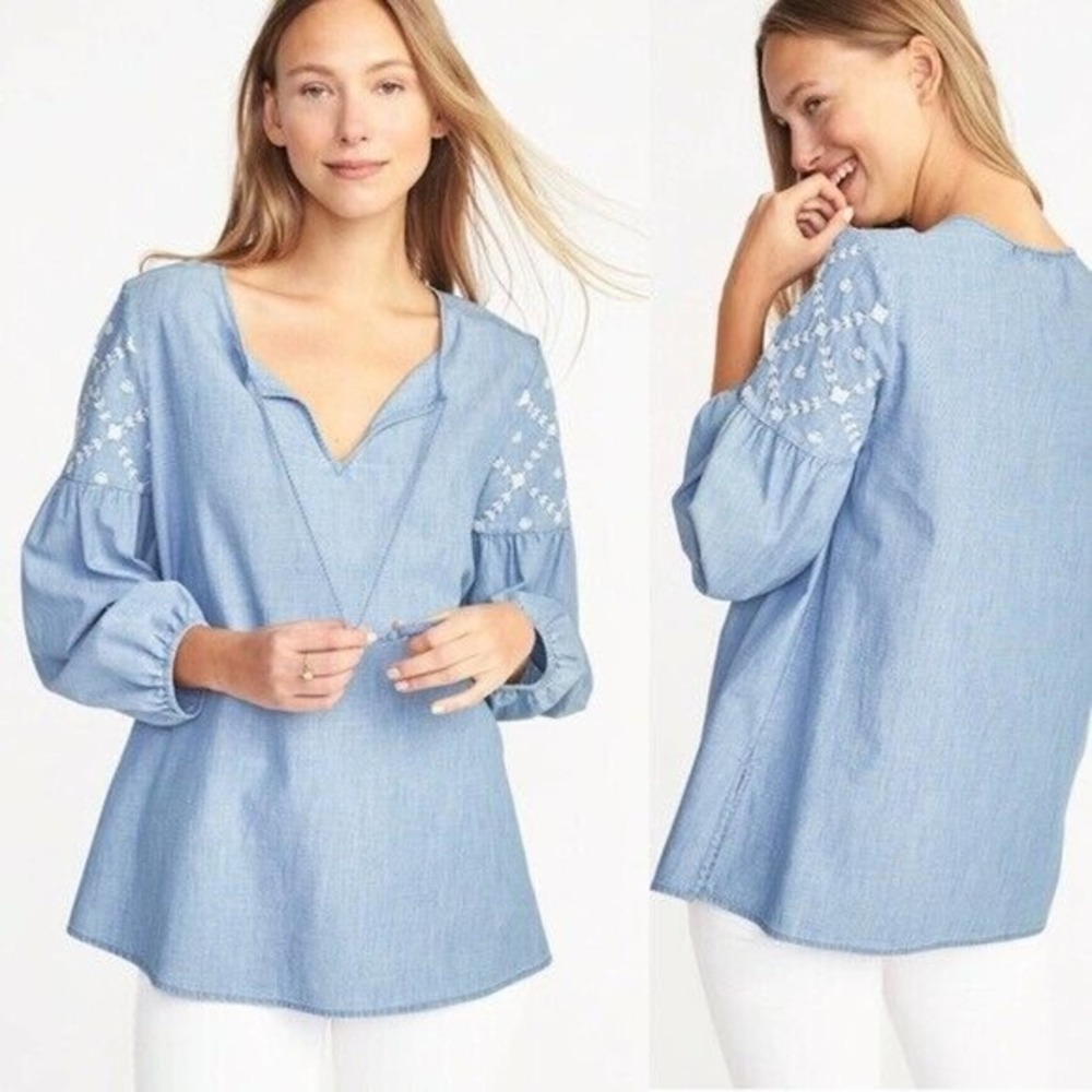 Old Navy Womens Size S Chambray Embroidered Tunic Top Balloon Sleeve Tassel Blue - Picture 2 of 8